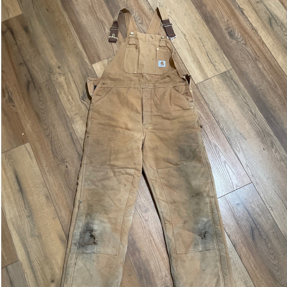 Carhartt R03 BRN Mens 40X32.5 Quilt Lined Distressed Duck Bib Overalls Brown USA